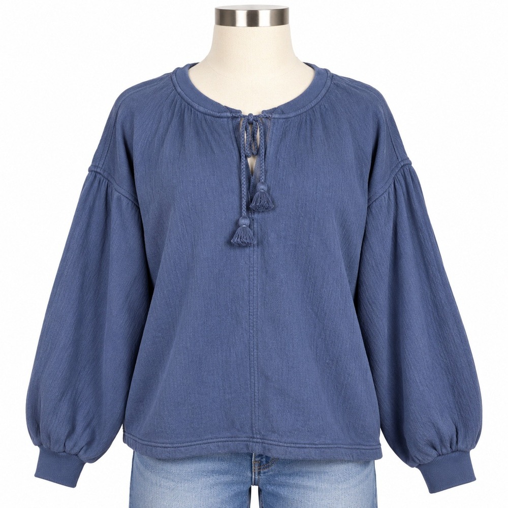 Aerie Blue Textured Tassel Tie Balloon Sleeve French Terry Sweatshirt Womens M